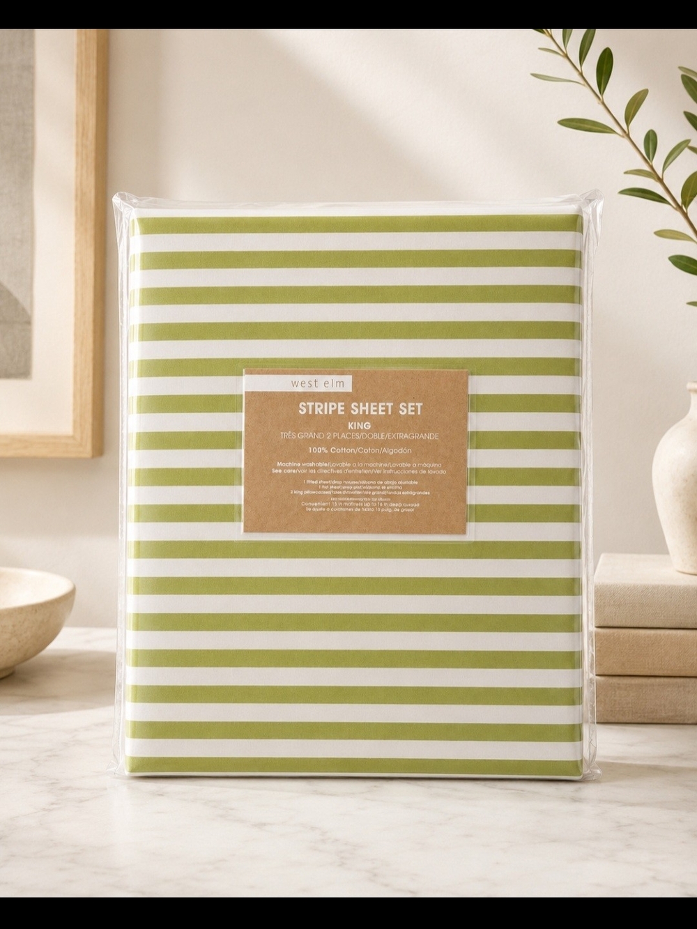 West Elm Stripe Sheet Set - Green & White NWT In The Package